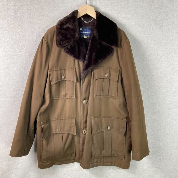 Vintage Shanhouse Mens Canvas Barn Coat Size 44 Chore Jacket Faux Fur Lined Belt - Picture 2 of 13